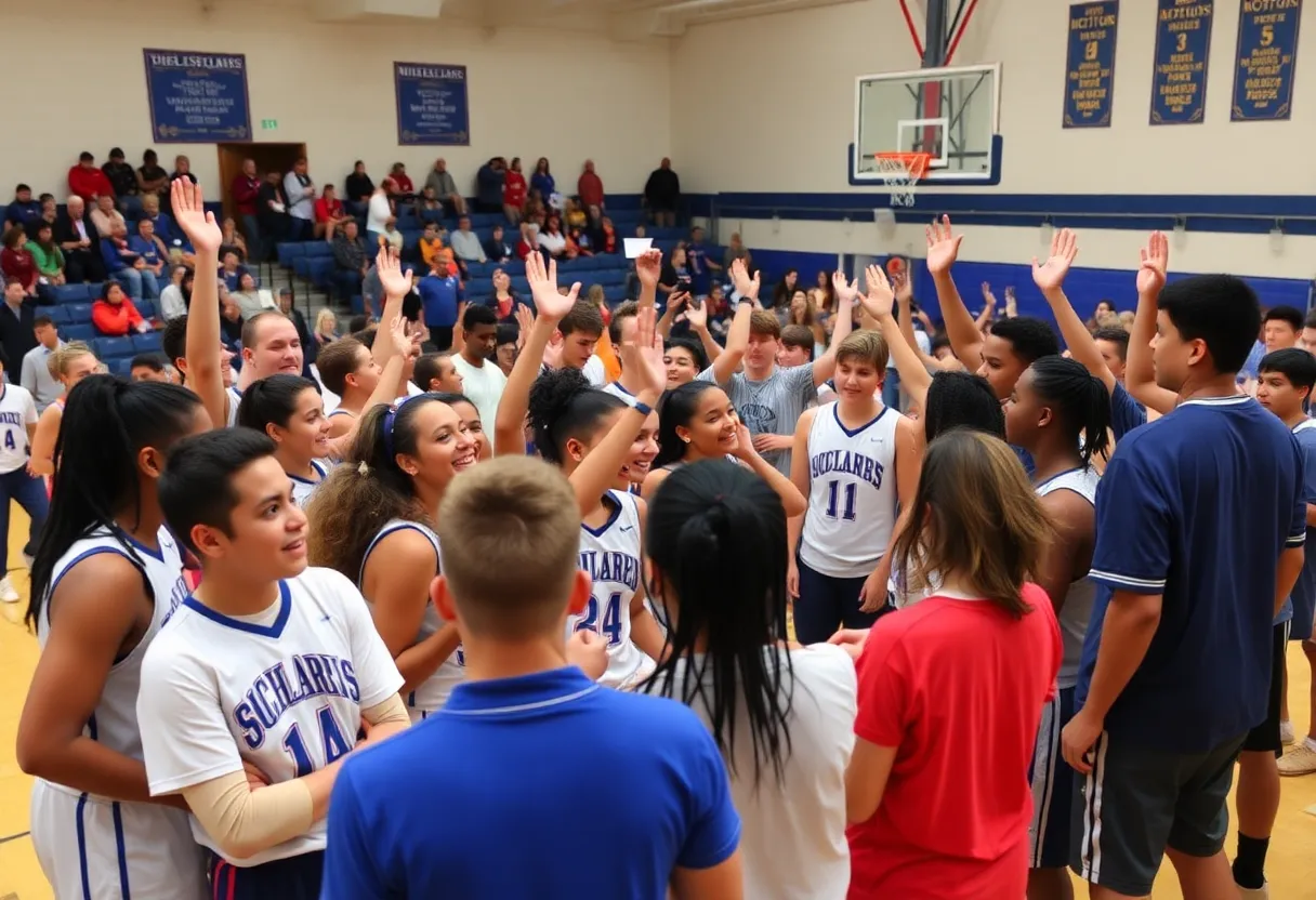 High school basketball players celebrating scholarship signings