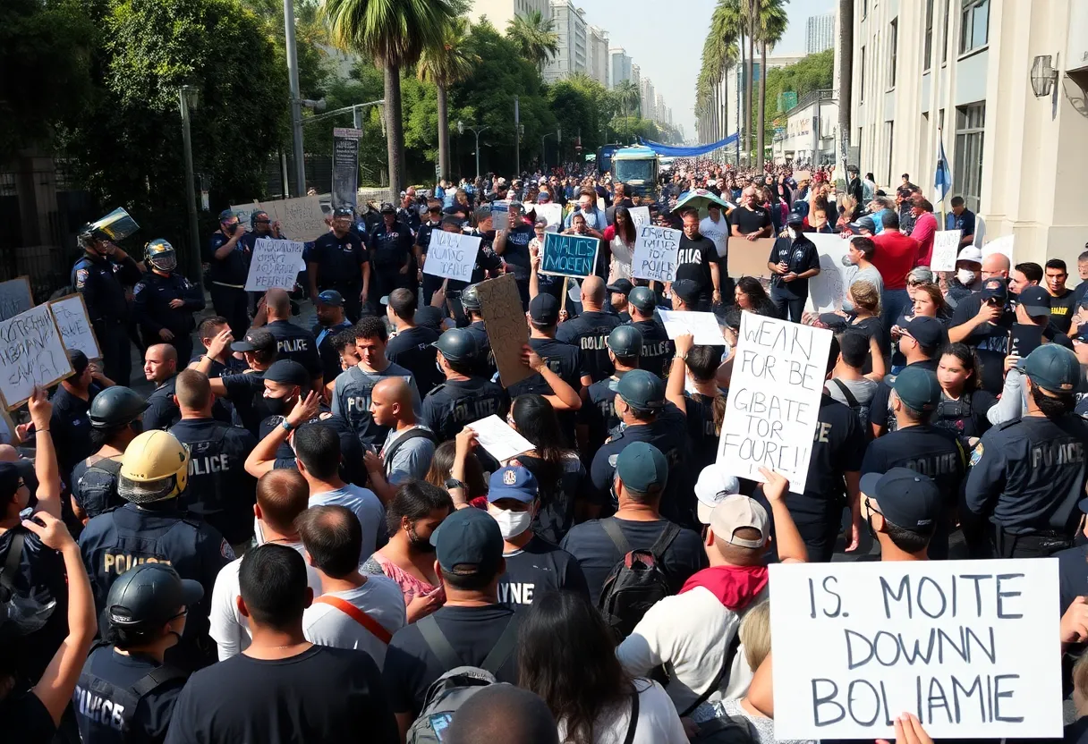 Crowd of protesters in Los Angeles during protests against immigration raids