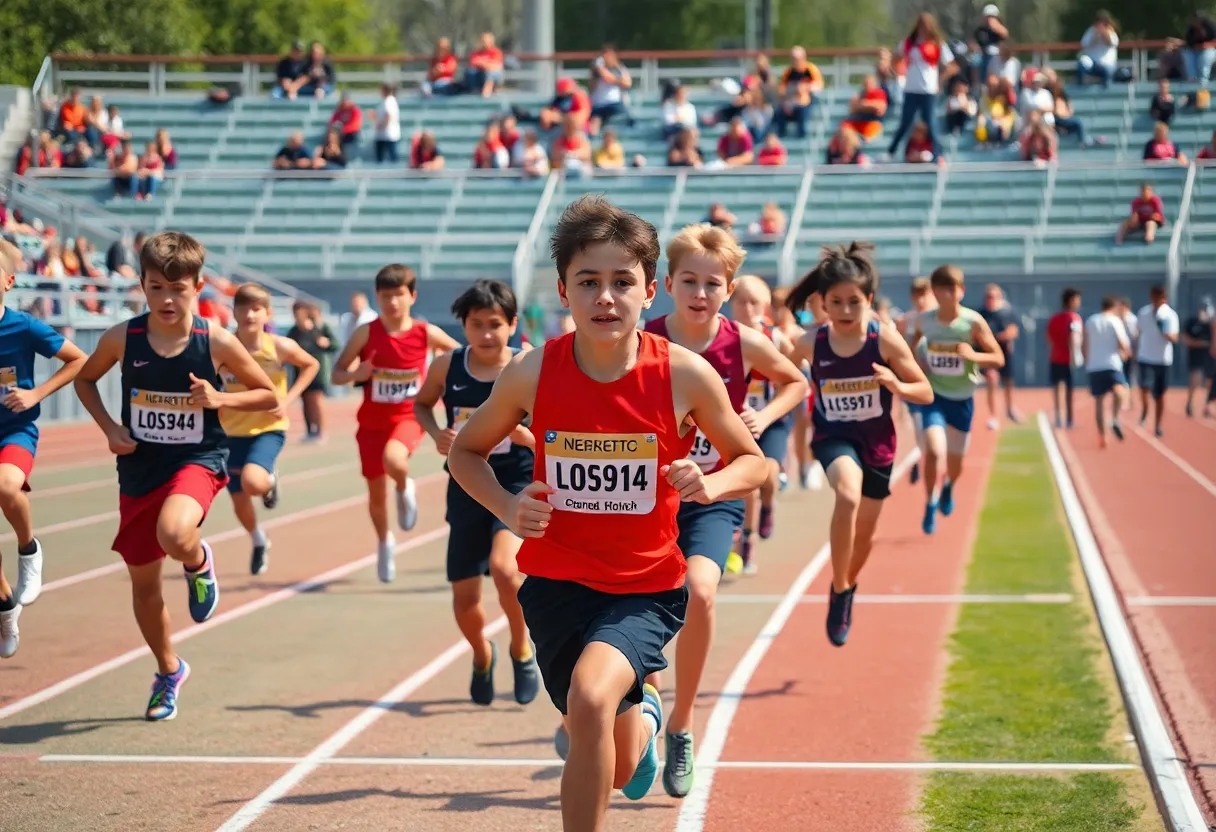 Young athletes competing in a track and field event in Midlands region.