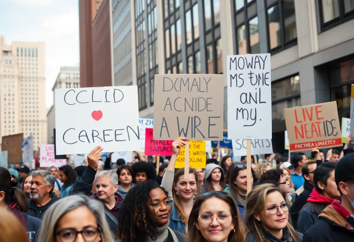Crowd of protesters at No Kings Day rally holding signs