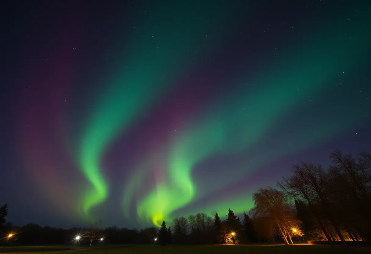 Vibrant Northern Lights illuminating the night sky in a clear park setting.