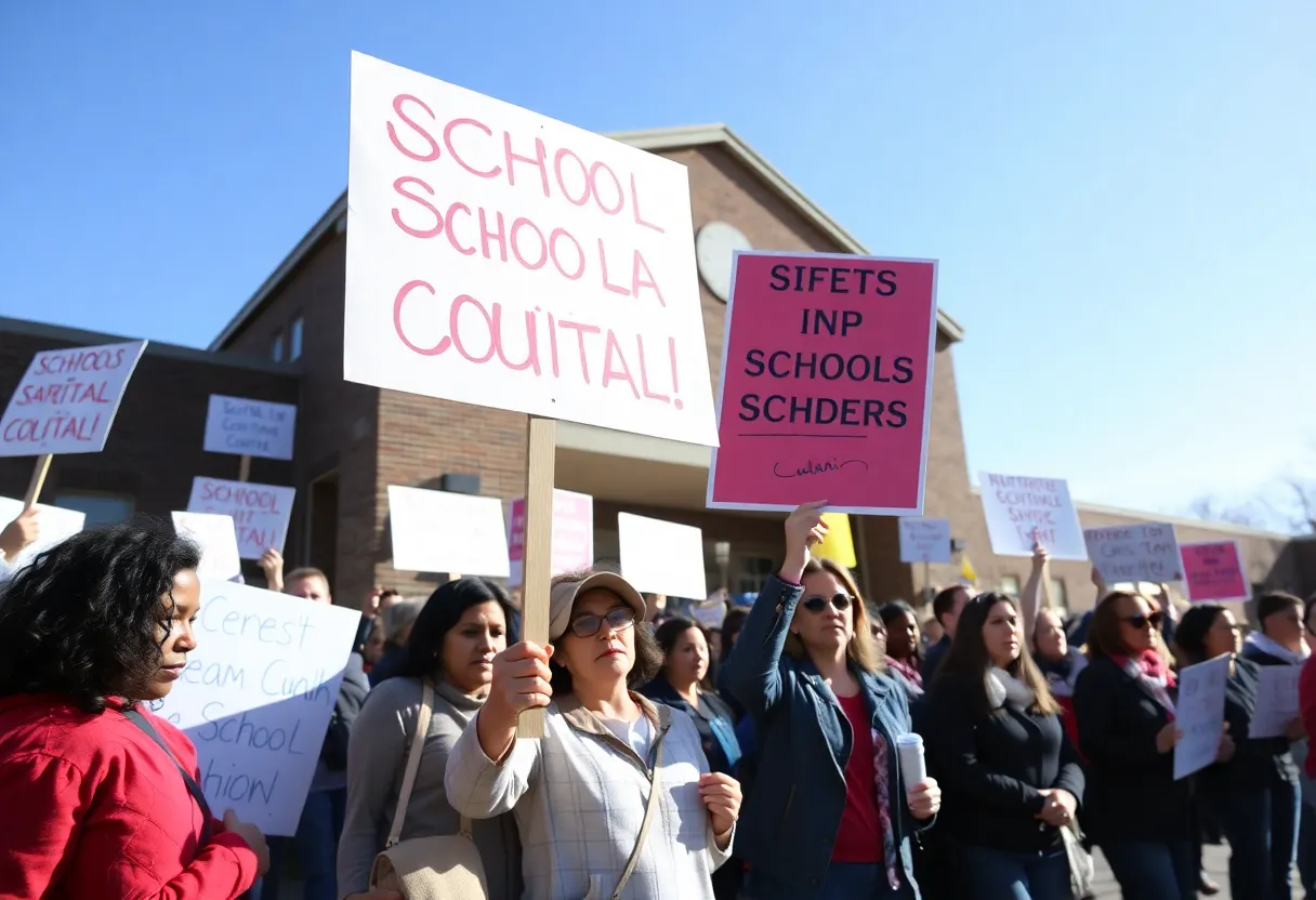Parents protesting for an investigation outside a school building.