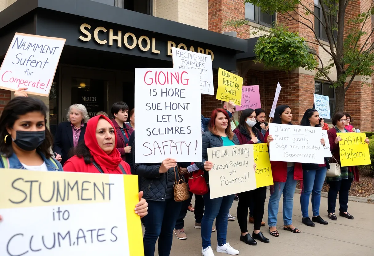 Parents protesting outside a school board for an investigation into abuse allegations at Redcliffe Elementary.