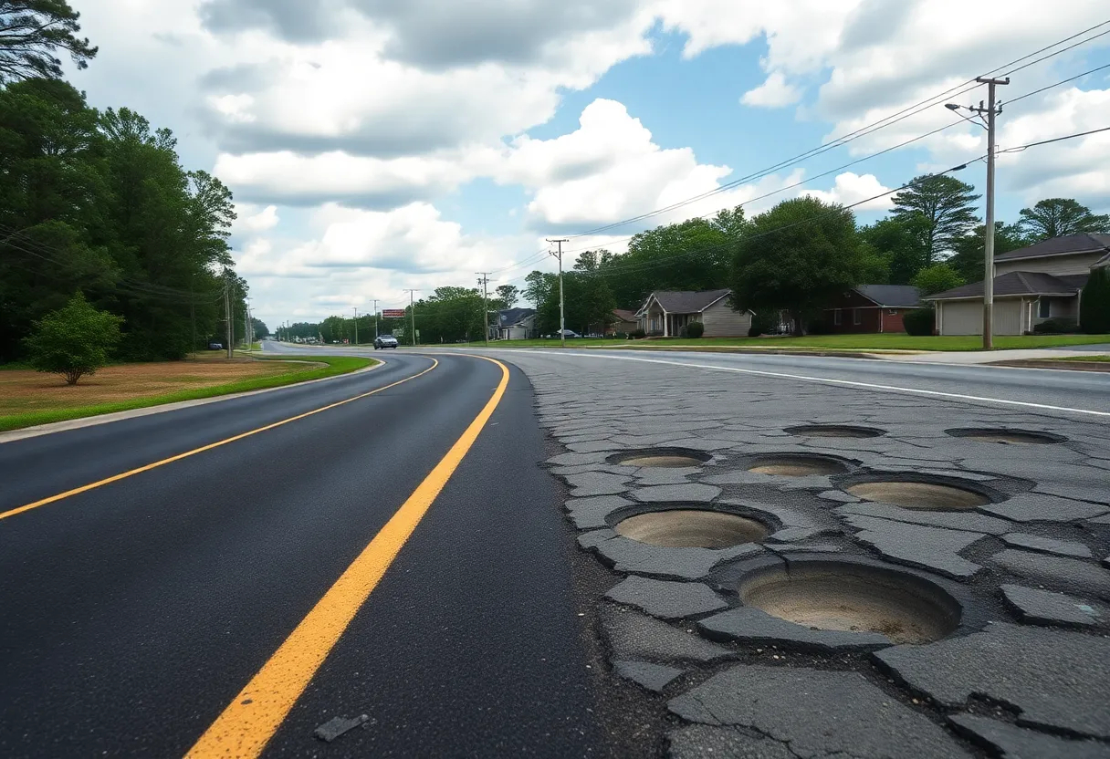 Poor road conditions in Aiken with potholes