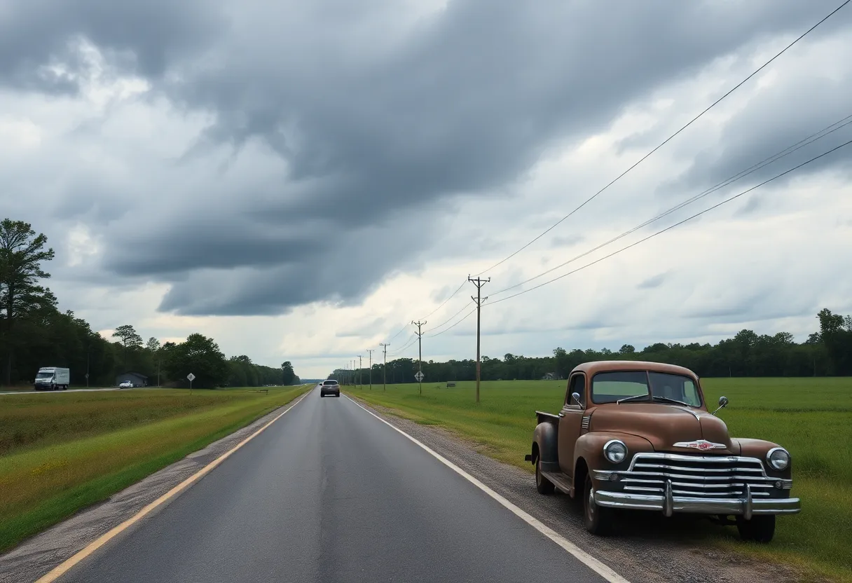A vintage truck on the side of a rural road in Aiken County under cloudy skies.