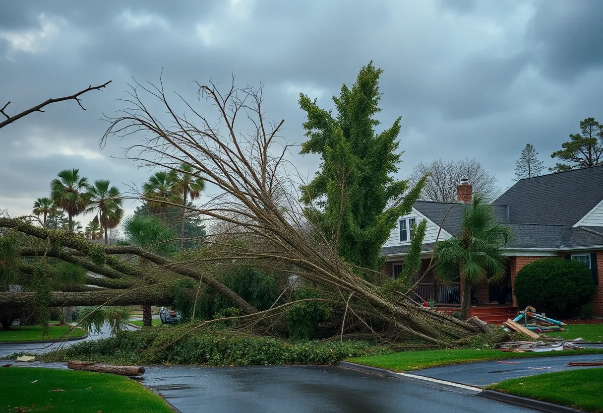 Damage from severe storm in Aiken SC with fallen trees and debris