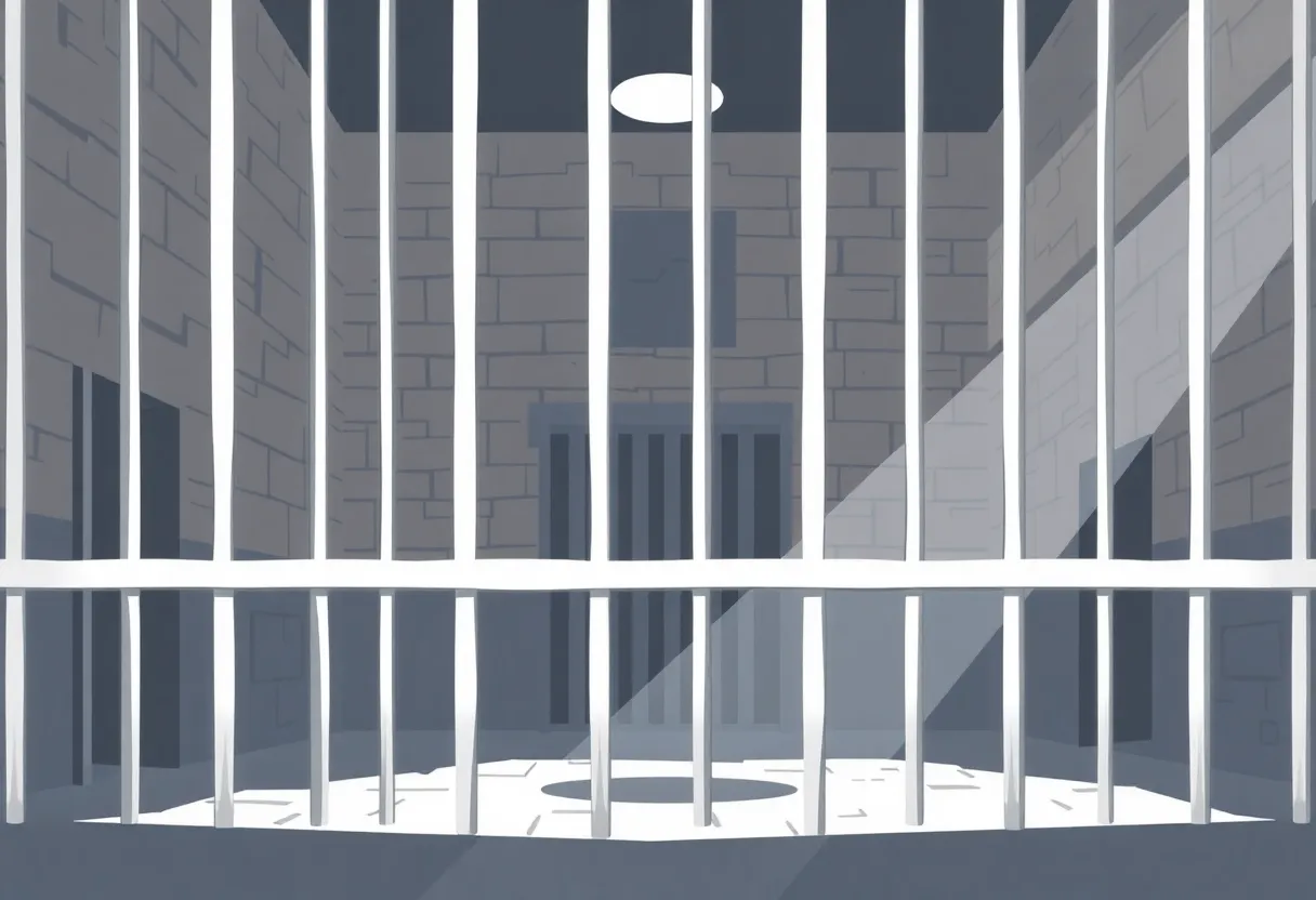 Illustration of justice and the death penalty with a prison backdrop.