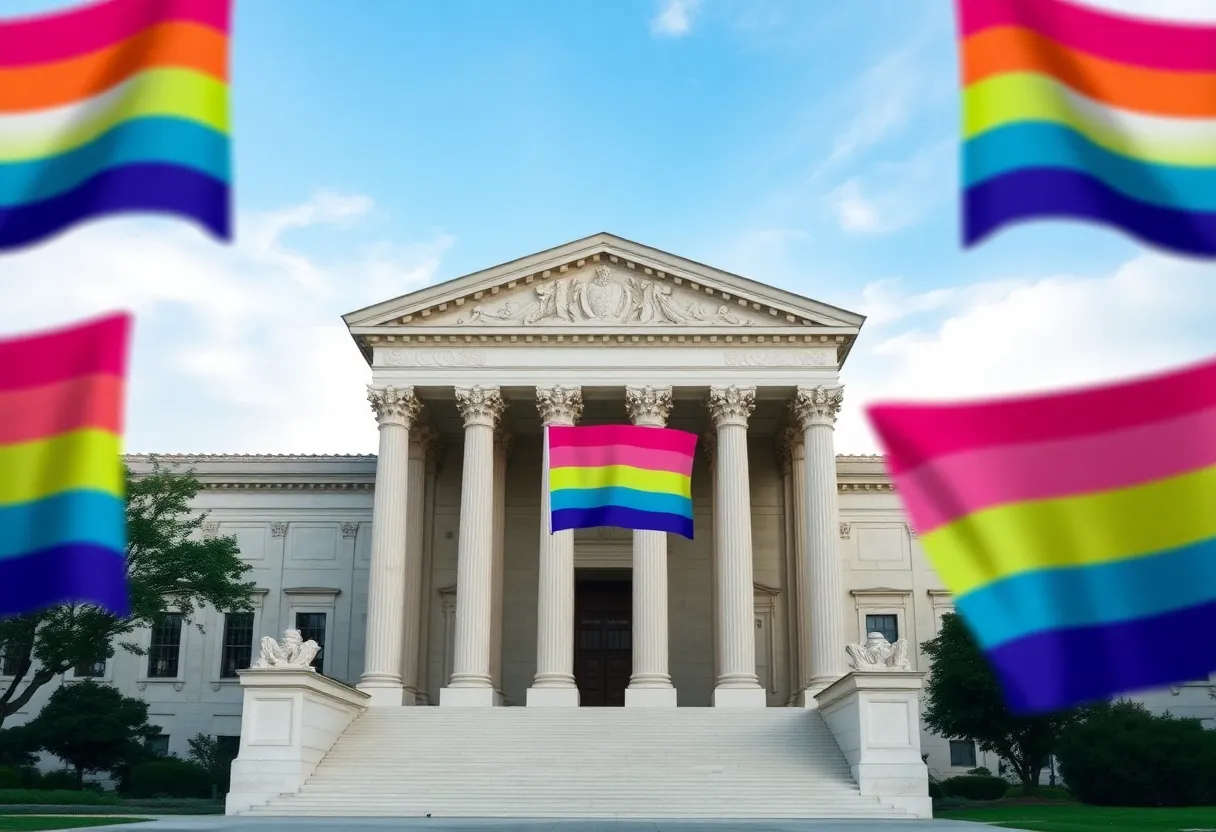 Supreme Court building with transgender pride flags