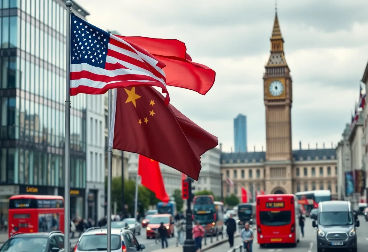 Flags of the U.S. and China in London representing trade negotiations