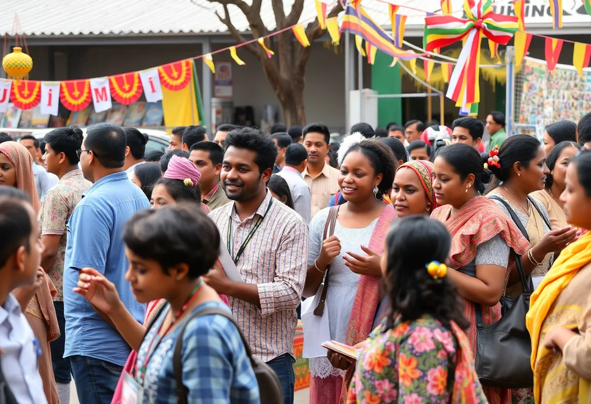 Community members celebrating Umoja Village's anniversary in a festive outdoor setting.