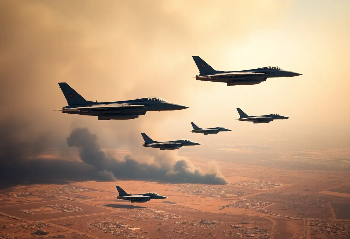 Military airstrike landscape showcasing jets and smoke over nuclear sites