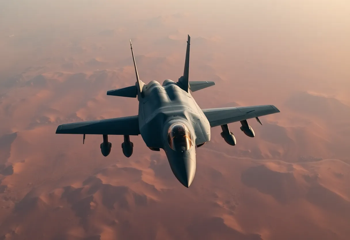 A military aircraft conducting operations over a desert landscape related to tension between the U.S. and Iran.