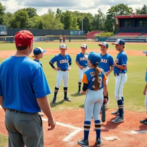 Baseball players practicing on the field with a coach overseeing their training.