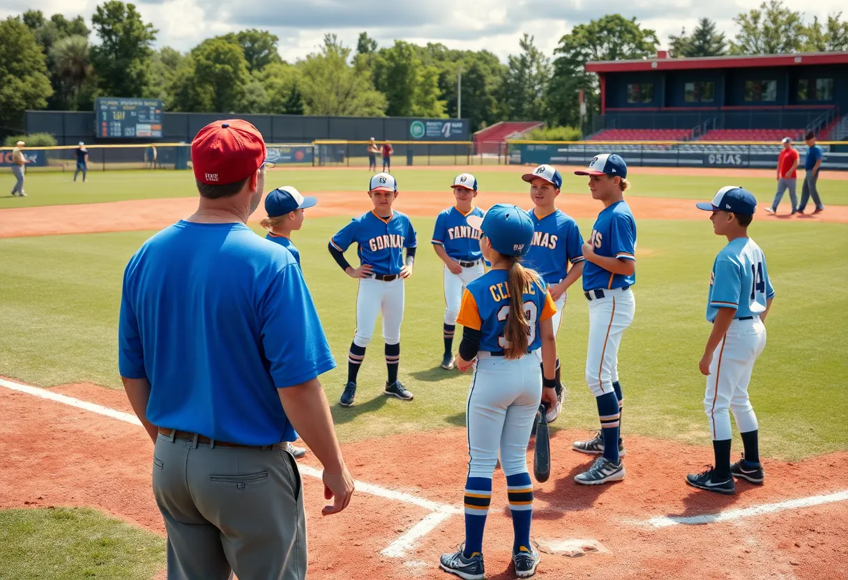 Baseball players practicing on the field with a coach overseeing their training.