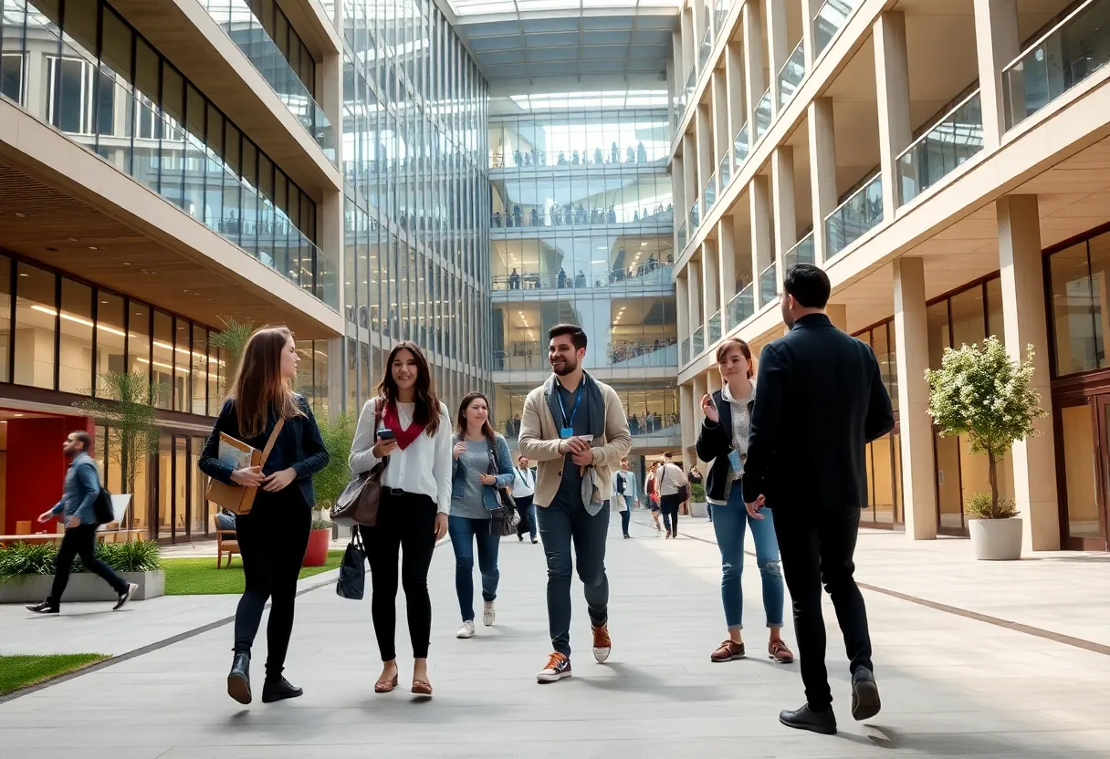 University of South Carolina Aiken Business School exterior with students interacting