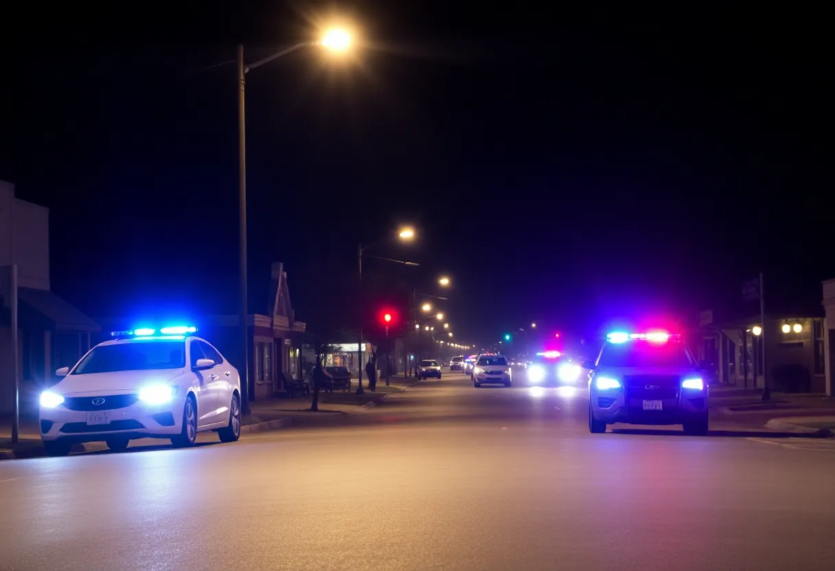 Police lights at a nighttime scene in Warrenville