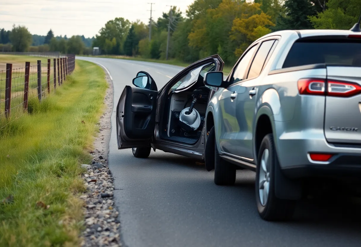 Damaged pickup truck on a rural road after a crash