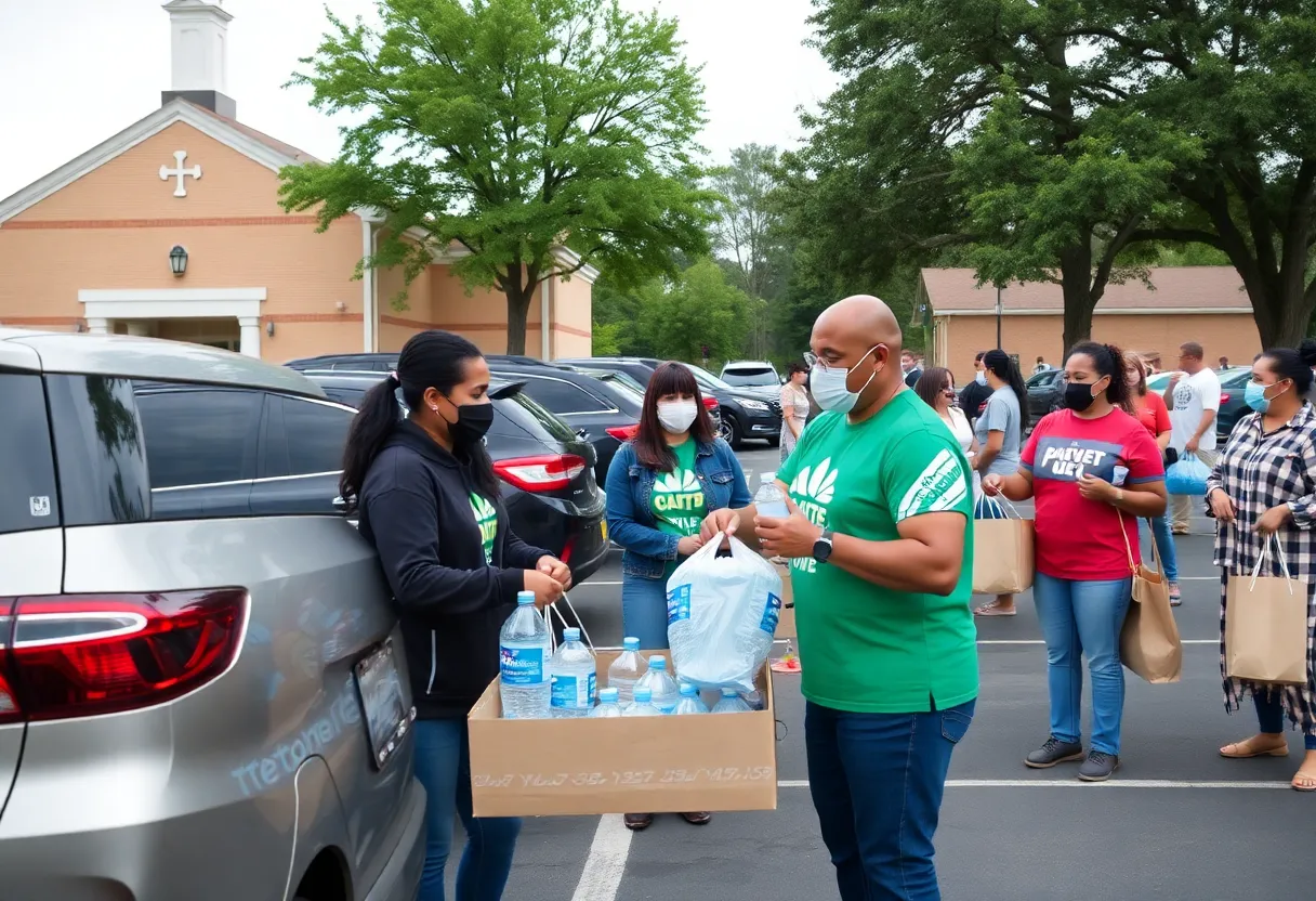 Volunteers distributing bottled water at Aiken community relief event