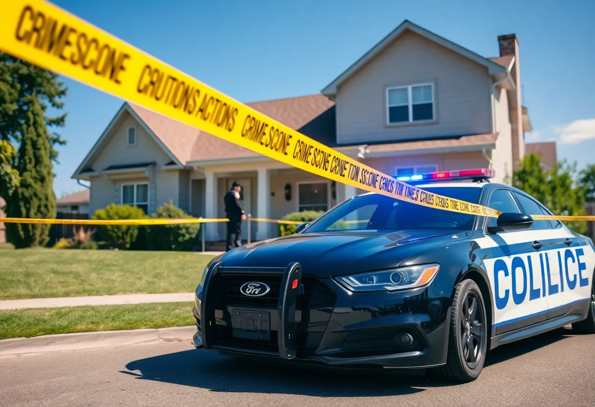 Police car at a crime scene with caution tape