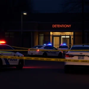 Police vehicles outside Aiken County Detention Center during investigation