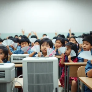 Students in a hot classroom utilizing portable air conditioning units