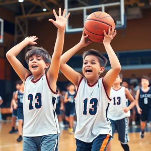 Youth basketball players celebrating victory at the Nike Peach Jam.