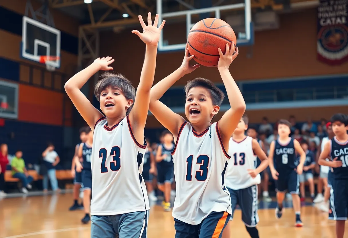 Youth basketball players celebrating victory at the Nike Peach Jam.