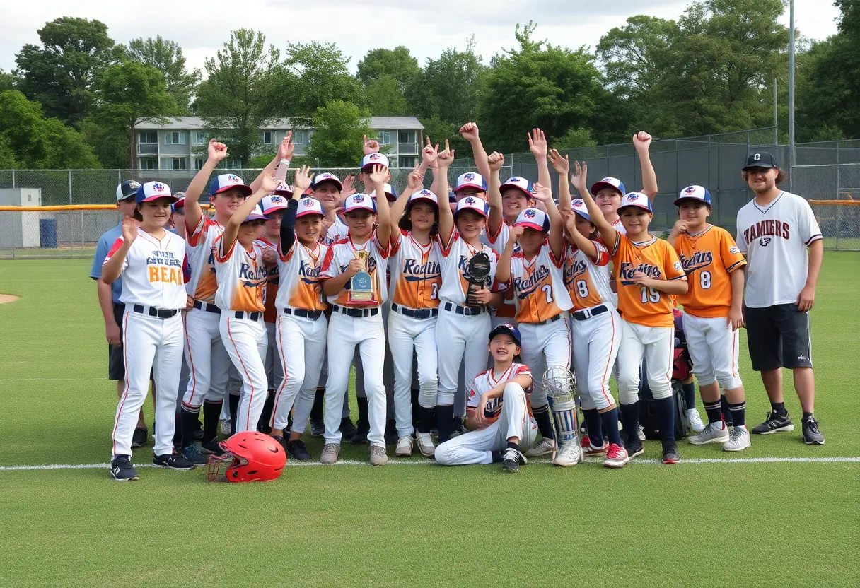 Complete Game McKnight 14U baseball team celebrating their championship win.