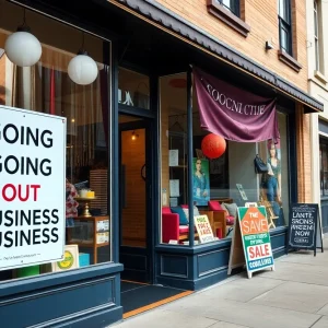 Epona boutique storefront displaying a 'Going Out of Business' sign