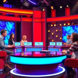 Contestants competing on a dynamic game show set