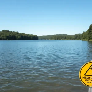 Warning signs at a lake promoting swimming safety