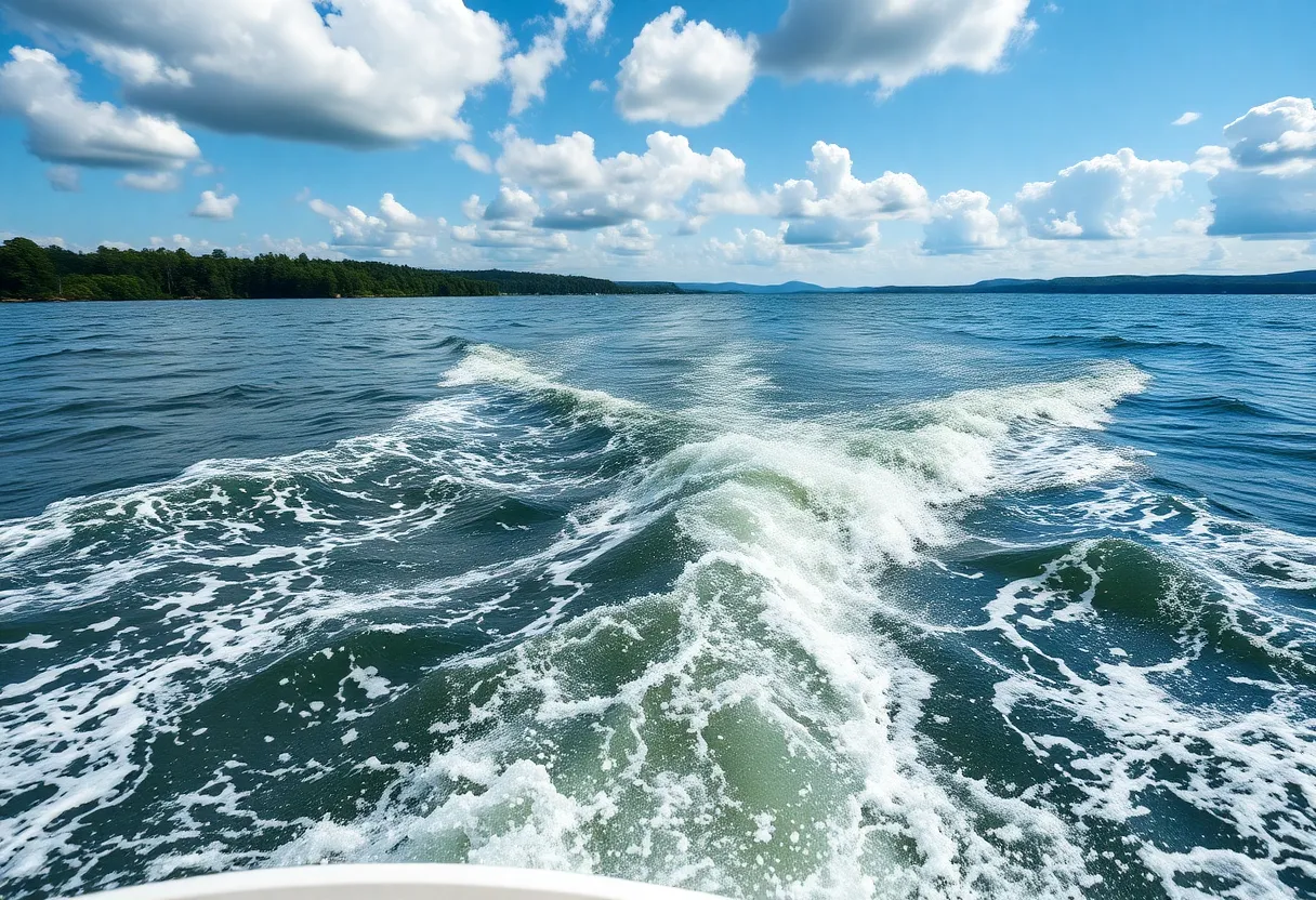 Choppy lake waters with safety warning signs due to strong winds.