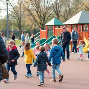 Playground filled with children playing safely under adult supervision