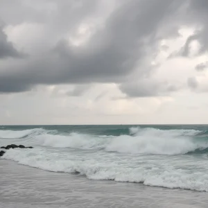 Dark storm clouds over South Carolina coast with rough waves