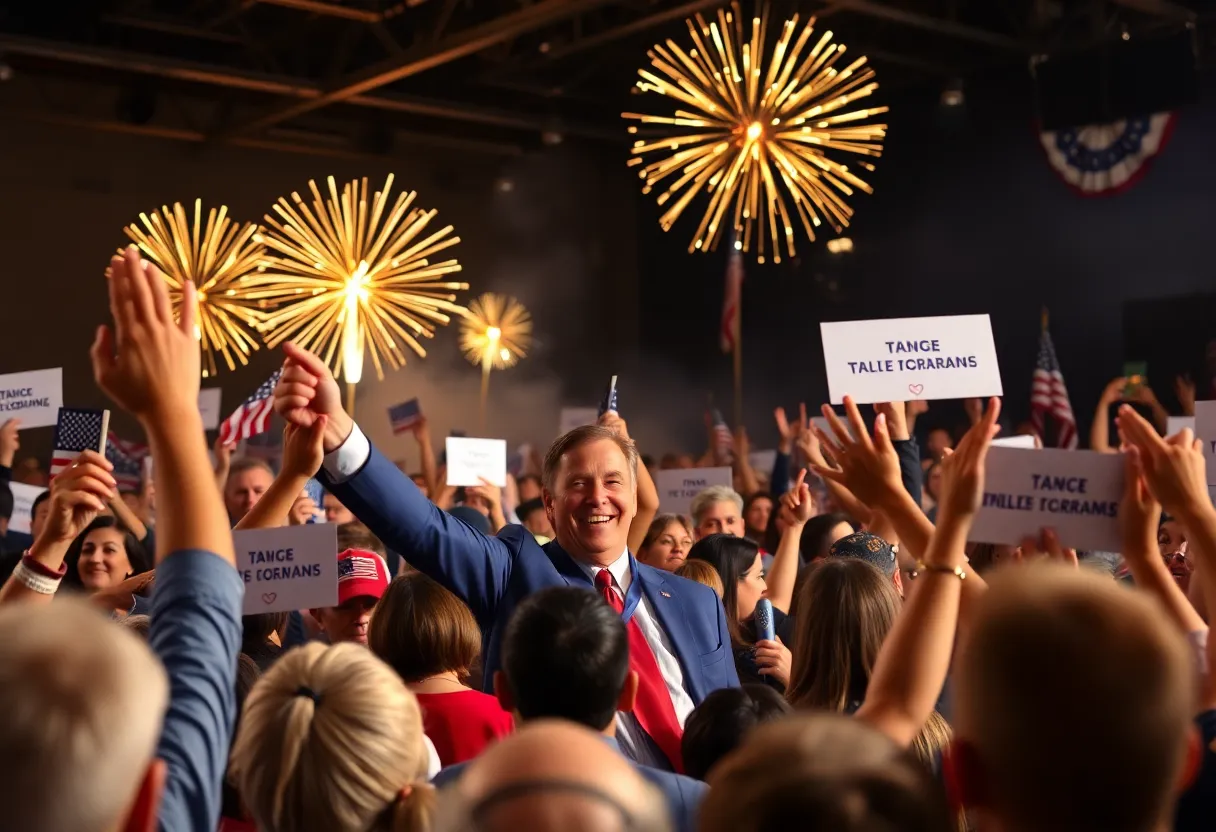 Crowd celebrating at Trump Iowa rally with fireworks