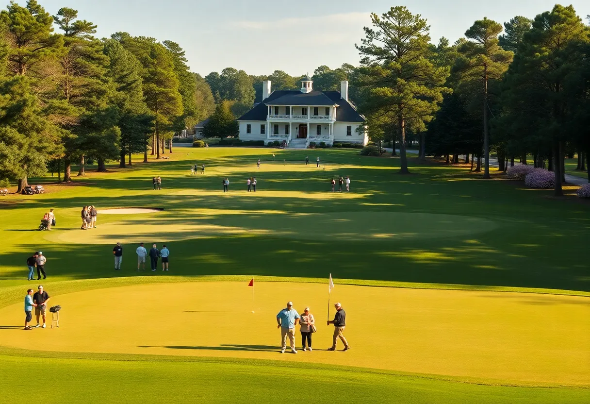 Amateur golfers on a tree-lined Aiken golf course with a historic clubhouse visible