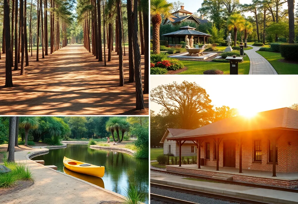 Hitchcock Woods trail, Hopelands Gardens paths, Boyd Pond Park pond and a historic train depot in Aiken, SC