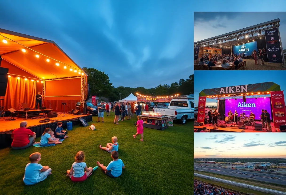 Collage of Aiken events: outdoor concert, festival booths, bluegrass performers and distant drag racing
