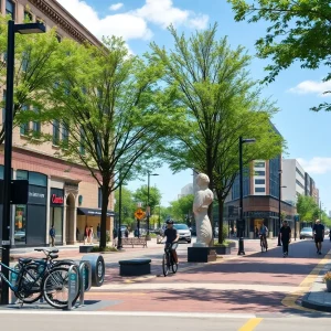 Downtown street with bike-share station, widened sidewalks, trees, benches and new lighting