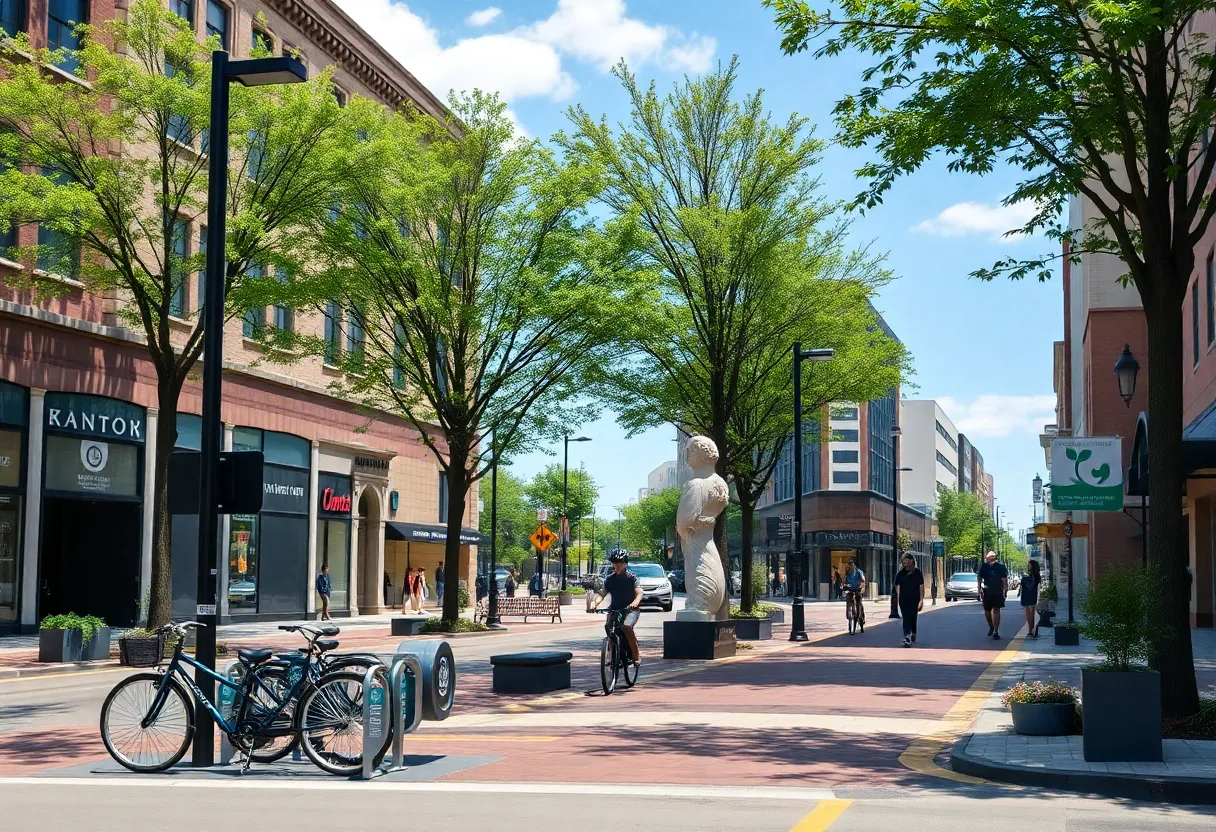 Downtown street with bike-share station, widened sidewalks, trees, benches and new lighting