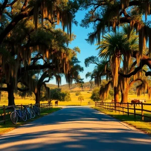 Bicycles parked by a fence on an oak-lined road with Spanish moss and horses grazing in the background in Aiken, South Carolina