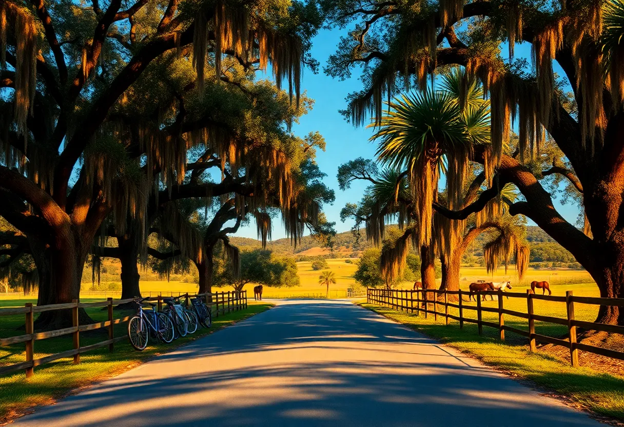 Bicycles parked by a fence on an oak-lined road with Spanish moss and horses grazing in the background in Aiken, South Carolina