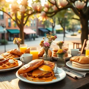 Brunch spread with chicken and waffles, eggs Benedict, croissants and coffee on an outdoor table under magnolia trees in Aiken