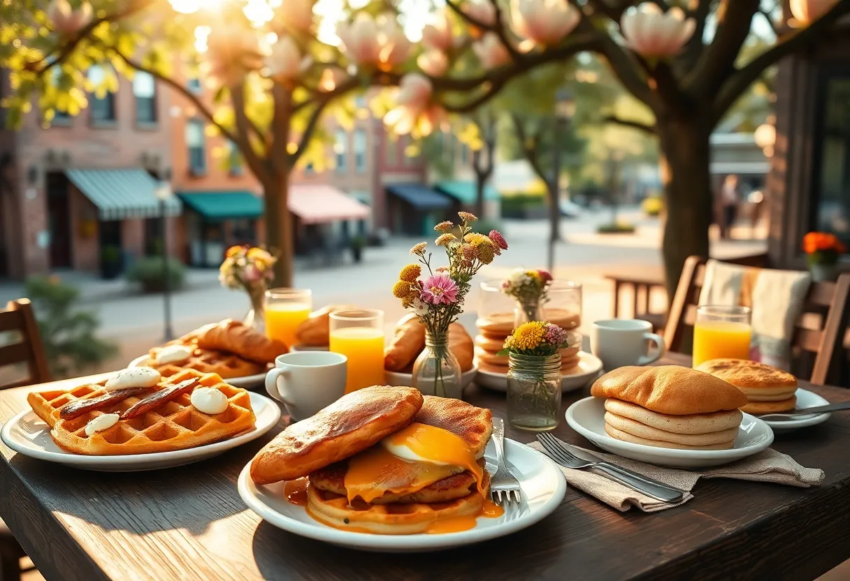 Brunch spread with chicken and waffles, eggs Benedict, croissants and coffee on an outdoor table under magnolia trees in Aiken