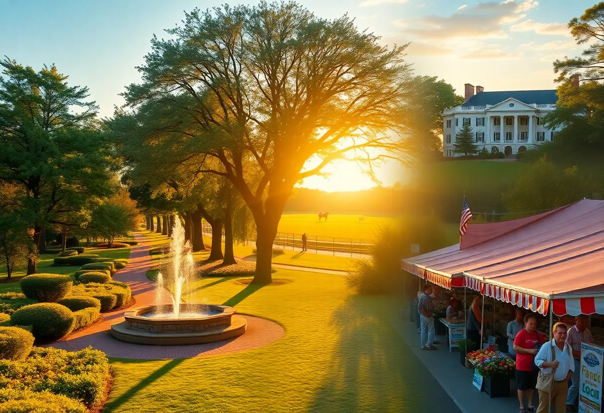 Montage of Aiken scenes: gardens, wooded trails, historic mansion, polo field, kayaks and market stalls