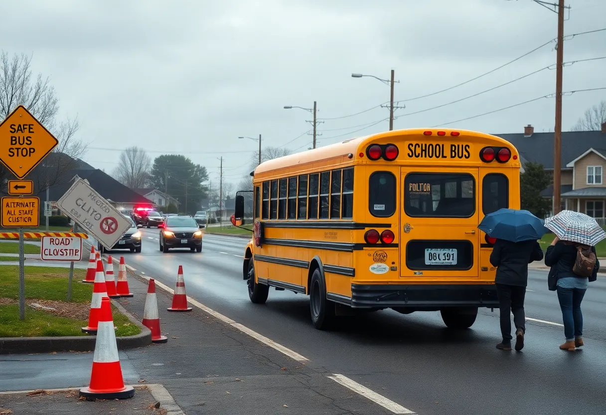 Yellow school bus on detour past road closure signs and cones while families wait at a temporary bus stop