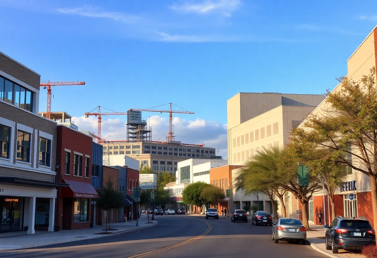 City scene with new storefronts, mixed-use development, and modern manufacturing facility representing business growth in Aiken, SC
