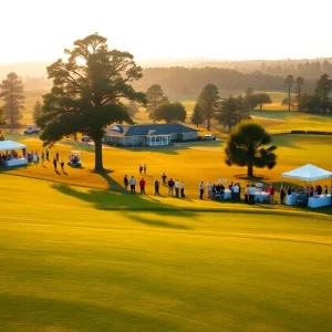 Teams and volunteers at a charity golf tournament on a sunlit fairway with tents and banners
