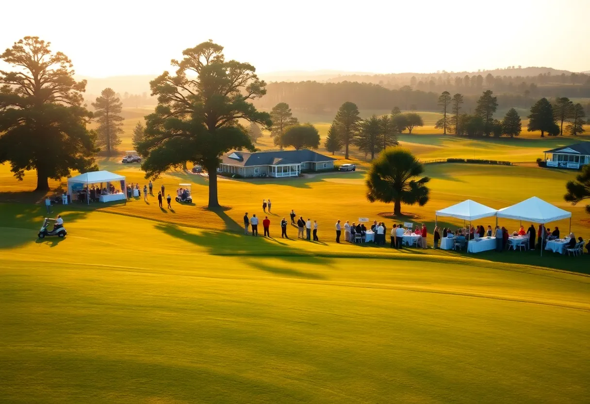 Teams and volunteers at a charity golf tournament on a sunlit fairway with tents and banners