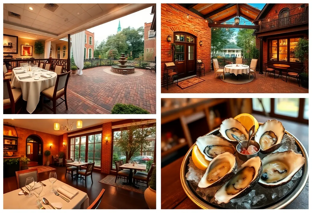 Collage of chef-run restaurant interiors, brick courtyard with fairy lights, and a seafood platter